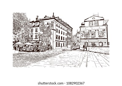 Landmark with building of Krakow, City in Poland. Hand drawn sketch illustration in vector.