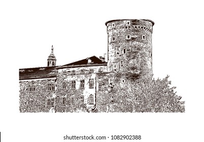 Landmark with building of Krakow, City in Poland. Hand drawn sketch illustration in vector.