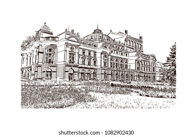 Landmark with building of Krakow, City in Poland. Hand drawn sketch illustration in vector.