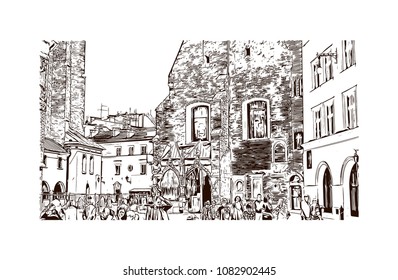 Landmark with building of Krakow, City in Poland. Hand drawn sketch illustration in vector.