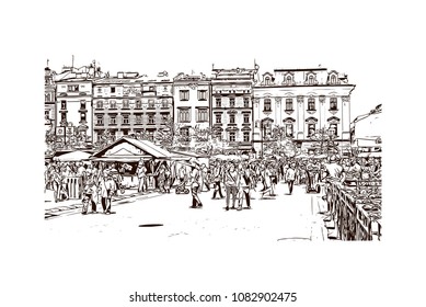 Landmark with building of Krakow, City in Poland. Hand drawn sketch illustration in vector.