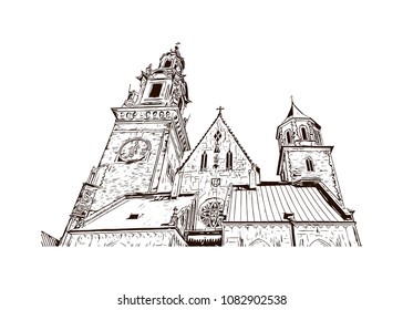 Landmark with building of Krakow, City in Poland. Hand drawn sketch illustration in vector.