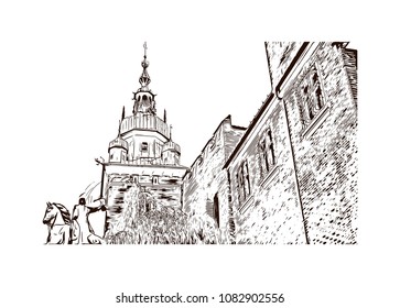 Landmark with building of Krakow, City in Poland. Hand drawn sketch illustration in vector.