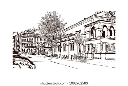 Landmark with building of Krakow, City in Poland. Hand drawn sketch illustration in vector.