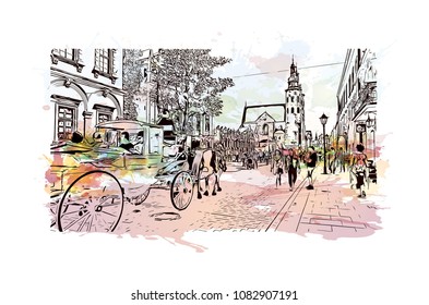 Landmark with building of Krakow, City in Poland. Watercolor splash with hand drawn sketch illustration in vector.