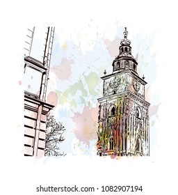 Landmark with building of Krakow, City in Poland. Watercolor splash with hand drawn sketch illustration in vector.