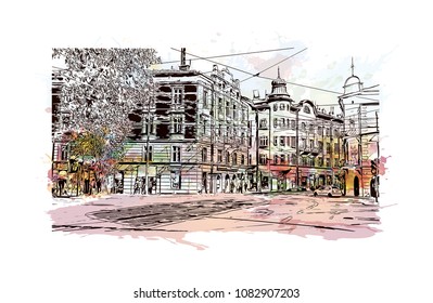 Landmark with building of Krakow, City in Poland. Watercolor splash with hand drawn sketch illustration in vector.
