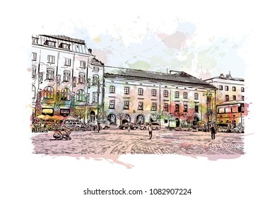 Landmark with building of Krakow, City in Poland. Watercolor splash with hand drawn sketch illustration in vector.