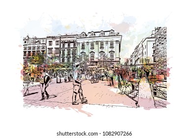 Landmark with building of Krakow, City in Poland. Watercolor splash with hand drawn sketch illustration in vector.