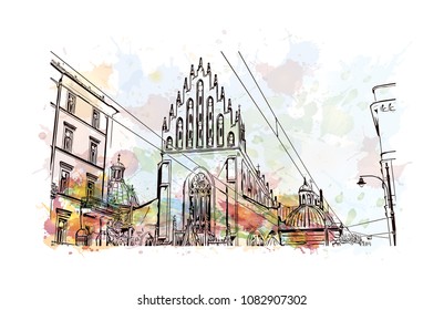 Landmark with building of Krakow, City in Poland. Watercolor splash with hand drawn sketch illustration in vector.