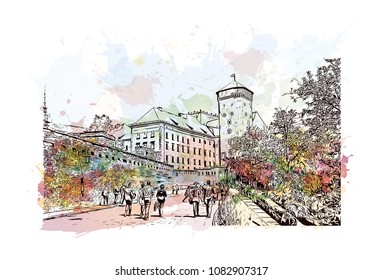 Landmark with building of Krakow, City in Poland. Watercolor splash with hand drawn sketch illustration in vector.