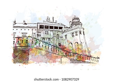 Landmark with building of Krakow, City in Poland. Watercolor splash with hand drawn sketch illustration in vector.