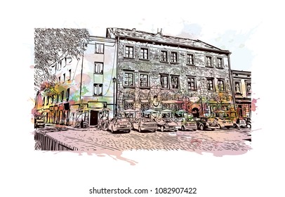 Landmark with building of Krakow, City in Poland. Watercolor splash with hand drawn sketch illustration in vector.