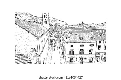 Landmark building  and landscape of Dubrovnik is a city in southern Croatia fronting the Adriatic Sea. Hand drawn sketch illustration in vector.