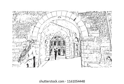 Landmark building  and landscape of Dubrovnik is a city in southern Croatia fronting the Adriatic Sea. Hand drawn sketch illustration in vector.