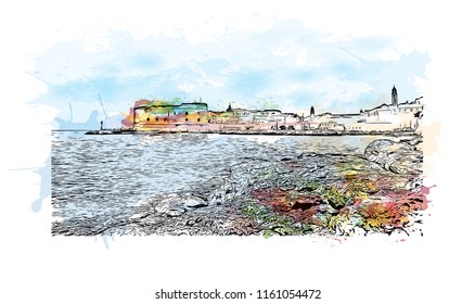 Landmark building  and landscape of Dubrovnik is a city in southern Croatia fronting the Adriatic Sea. Watercolor splash with Hand drawn sketch illustration in vector.