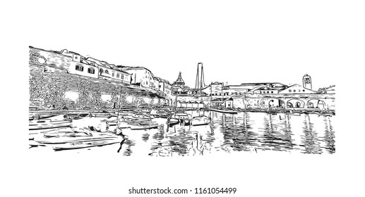 Landmark building  and landscape of Dubrovnik is a city in southern Croatia fronting the Adriatic Sea. Hand drawn sketch illustration in vector.