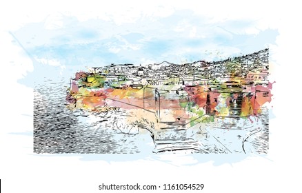 Landmark building  and landscape of Dubrovnik is a city in southern Croatia fronting the Adriatic Sea. Watercolor splash with Hand drawn sketch illustration in vector.
