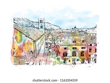 Landmark building  and landscape of Dubrovnik is a city in southern Croatia fronting the Adriatic Sea. Watercolor splash with Hand drawn sketch illustration in vector.