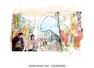 Landmark building  and landscape of Dubrovnik is a city in southern Croatia fronting the Adriatic Sea. Watercolor splash with Hand drawn sketch illustration in vector.