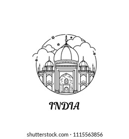 Landmark building line art vector illustration design - taj mahal india. Indian landmark. Taj mahal, india landmark silhouette icon.
