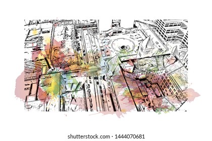 Landmark with building of Minneapolis is a major city in Minnesota. Watercolor splash with Hand drawn sketch illustration in vector.