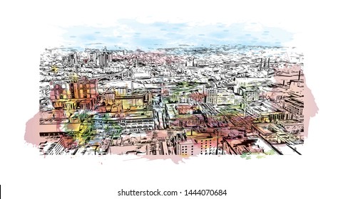 Landmark with building of Minneapolis is a major city in Minnesota. Watercolor splash with Hand drawn sketch illustration in vector.