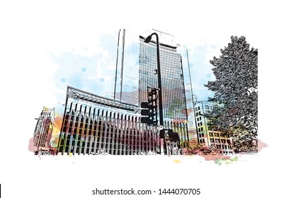 Landmark with building of Minneapolis is a major city in Minnesota. Watercolor splash with Hand drawn sketch illustration in vector.