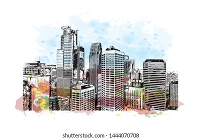 Landmark with building of Minneapolis is a major city in Minnesota. Watercolor splash with Hand drawn sketch illustration in vector.