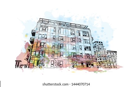 Landmark with building of Minneapolis is a major city in Minnesota. Watercolor splash with Hand drawn sketch illustration in vector.