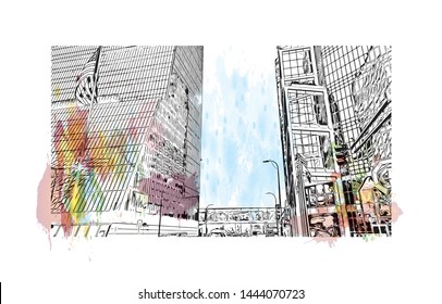 Landmark with building of Minneapolis is a major city in Minnesota. Watercolor splash with Hand drawn sketch illustration in vector.