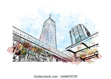 Landmark with building of Minneapolis is a major city in Minnesota. Watercolor splash with Hand drawn sketch illustration in vector.