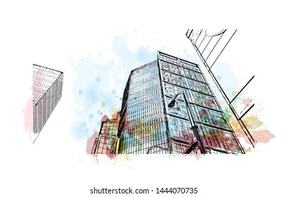 Landmark with building of Minneapolis is a major city in Minnesota. Watercolor splash with Hand drawn sketch illustration in vector.