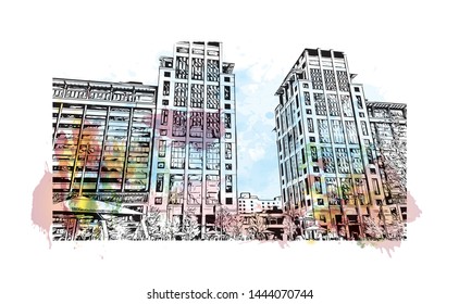 Landmark with building of Minneapolis is a major city in Minnesota. Watercolor splash with Hand drawn sketch illustration in vector.