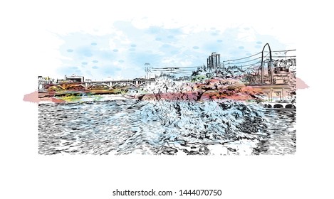 Landmark with building of Minneapolis is a major city in Minnesota. Watercolor splash with Hand drawn sketch illustration in vector.