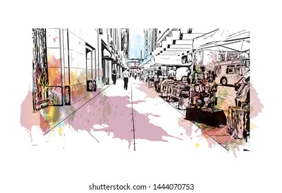 Landmark with building of Minneapolis is a major city in Minnesota. Watercolor splash with Hand drawn sketch illustration in vector.