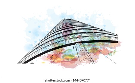 Landmark with building of Minneapolis is a major city in Minnesota. Watercolor splash with Hand drawn sketch illustration in vector.