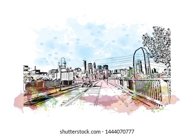 Landmark with building of Minneapolis is a major city in Minnesota. Watercolor splash with Hand drawn sketch illustration in vector.