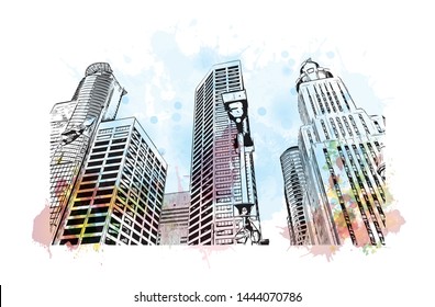 Landmark with building of Minneapolis is a major city in Minnesota. Watercolor splash with Hand drawn sketch illustration in vector.