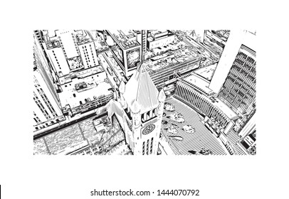 Landmark with building of Minneapolis is a major city in Minnesota. Hand drawn sketch illustration in vector.