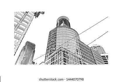 Landmark with building of Minneapolis is a major city in Minnesota. Hand drawn sketch illustration in vector.