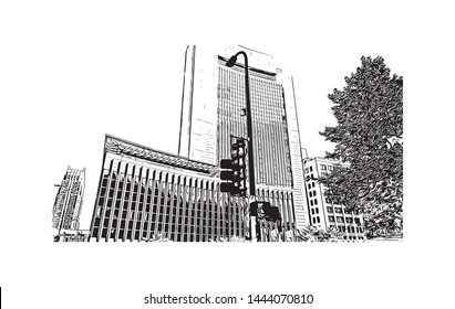 Landmark with building of Minneapolis is a major city in Minnesota. Hand drawn sketch illustration in vector.