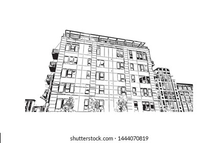 Landmark with building of Minneapolis is a major city in Minnesota. Hand drawn sketch illustration in vector.