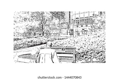 Landmark with building of Minneapolis is a major city in Minnesota. Hand drawn sketch illustration in vector.