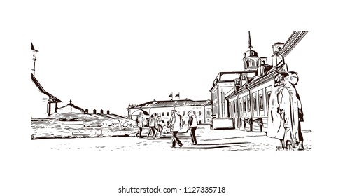 Landmark building in Moscow, Russia. Hand drawn sketch illustration in vector.
