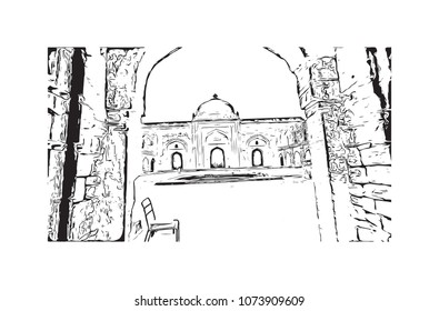 Landmark building with street view of Delhi, capital of India. Hand drawn sketch illustration in vector.