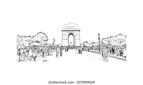 Landmark building with street view of Delhi, capital of India. Hand drawn sketch illustration in vector.