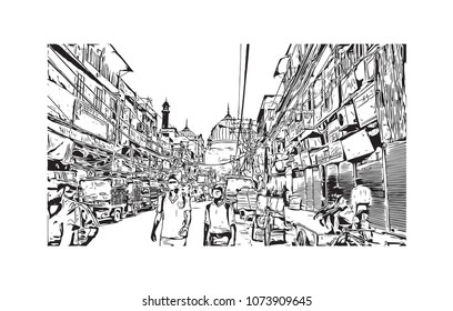 Landmark building with street view of Delhi, capital of India. Hand drawn sketch illustration in vector.