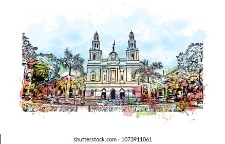 Landmark building with street view of Delhi, capital of India. Watercolour splash with Hand drawn sketch illustration in vector.