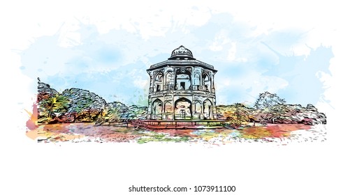 Landmark building with street view of Delhi, capital of India. Watercolour splash with Hand drawn sketch illustration in vector.